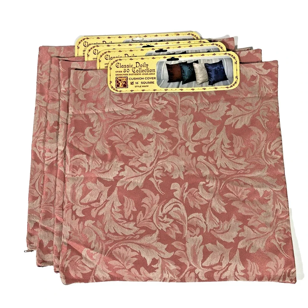 Pink Pillow Cushion Covers Zip Floral 16” Square Pink Cream Brocade Set of Four
